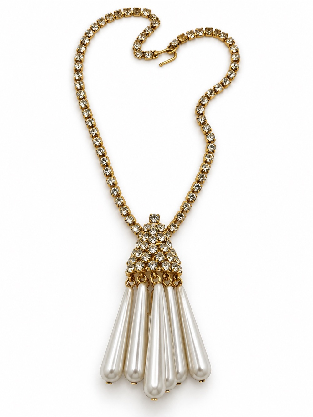 Gold Crystal Tassel Necklace with White Pearlescent Drops